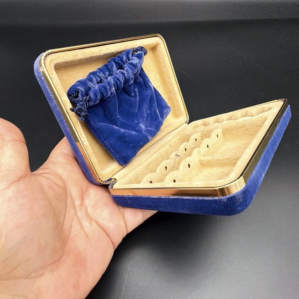 Vintage Blue Velvet Jewelry Box Gold Tone Trim With Drawstring Pouch